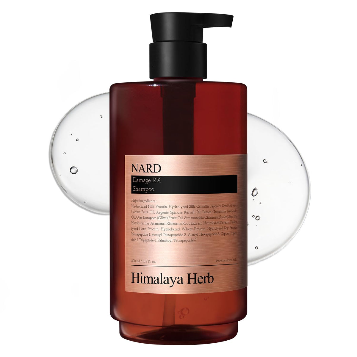NARD RX Shampoo bottle pour shows nourishing formula for damaged hair.