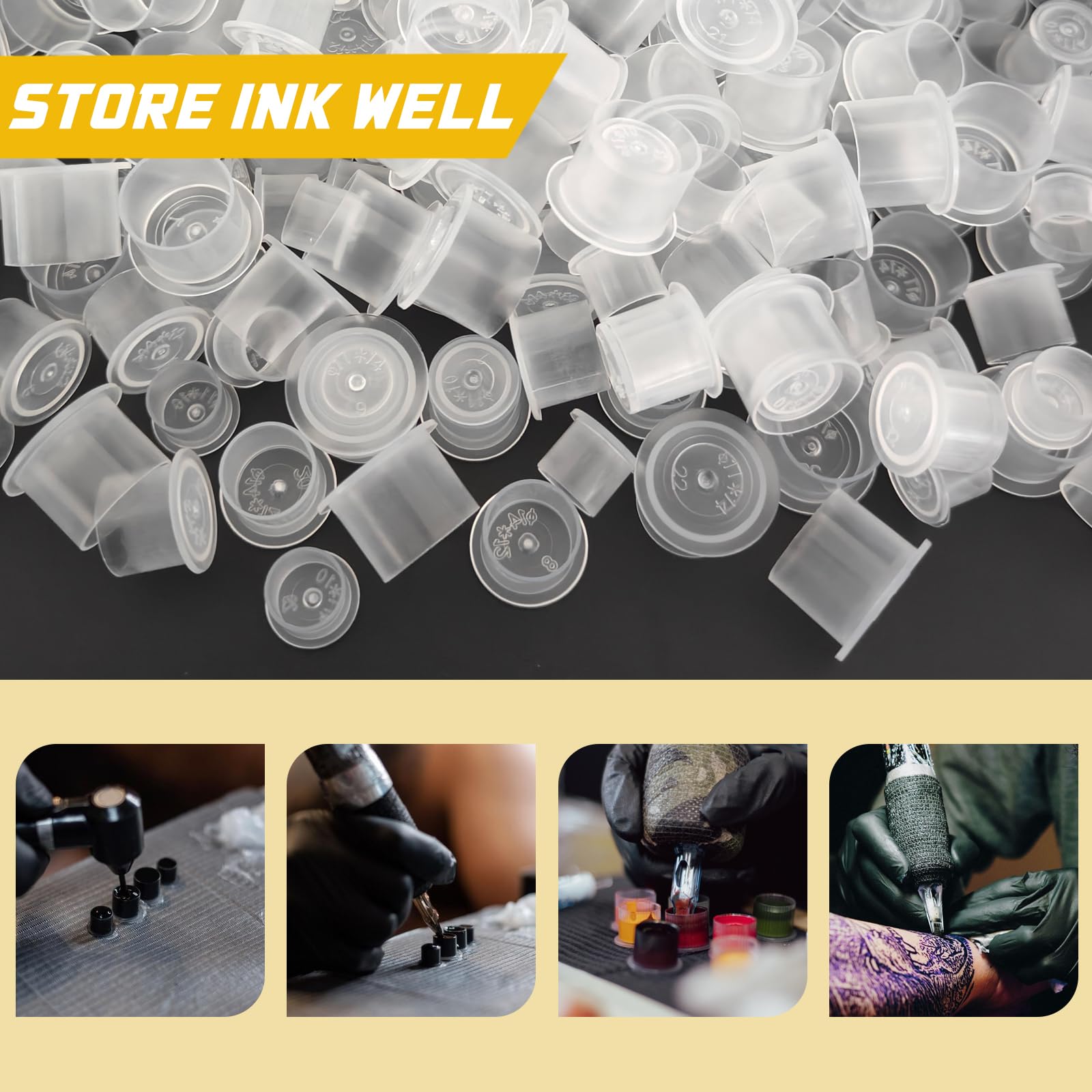 Narkysus compact-stackable caps simplify workspace organization during busy tattoo sessions.