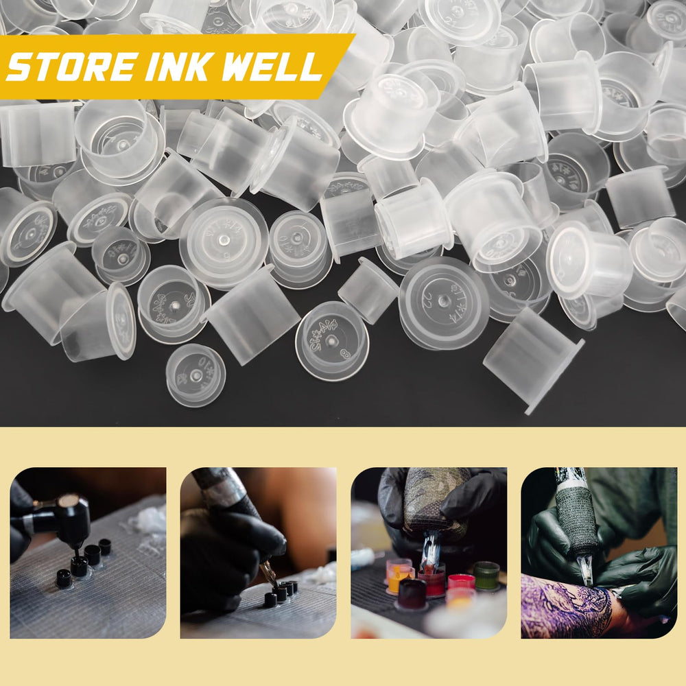 Narkysus compact-stackable caps simplify workspace organization during busy tattoo sessions.