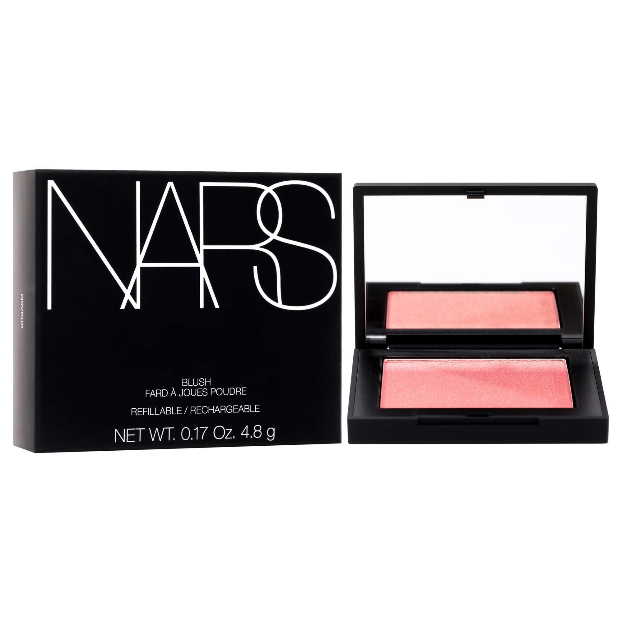 NARS Blush Orgasm micronized powder close-up highlights blendable texture