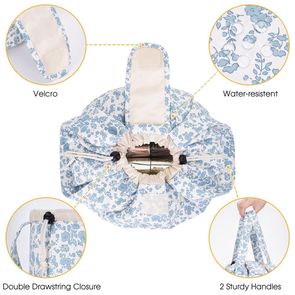 Narwey barrel makeup bag blue flower open layout shows organized compartments for easy access.