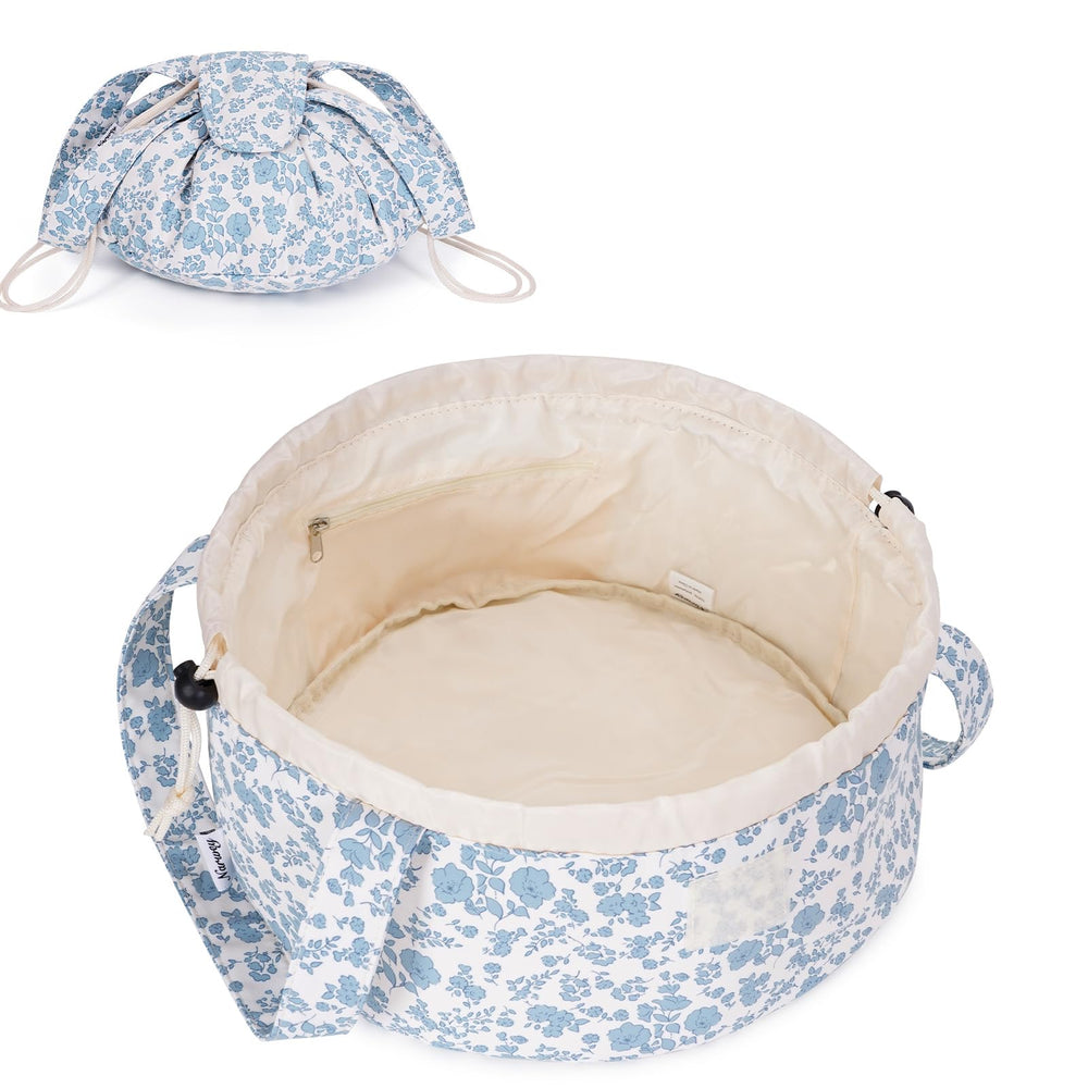Narwey barrel makeup bag blue flower front view highlights roomy interior for travel cosmetics.