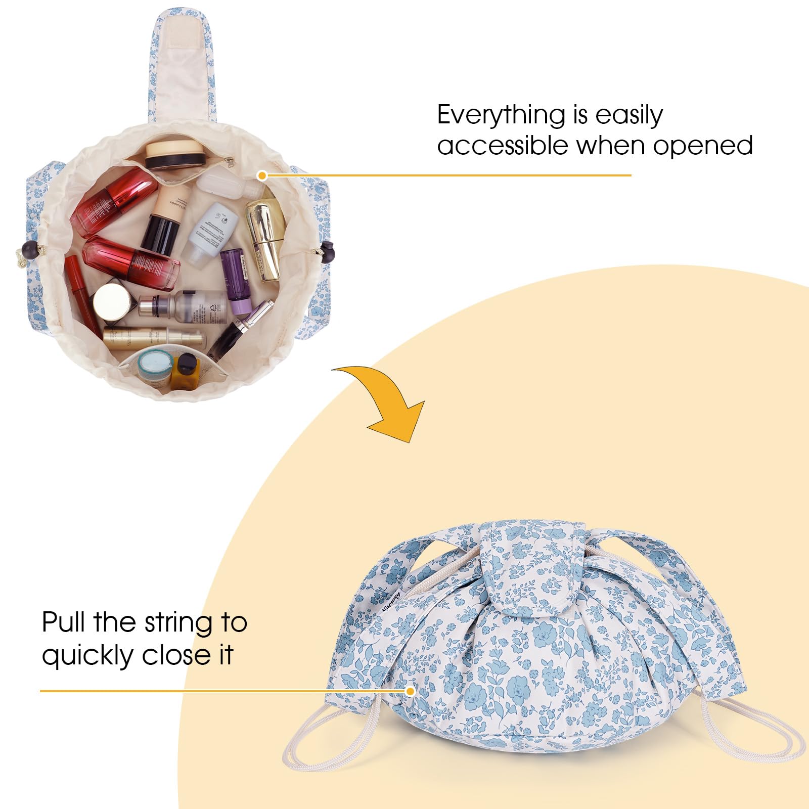 Narwey barrel makeup bag blue flower interior pocket enables quick access to essentials.