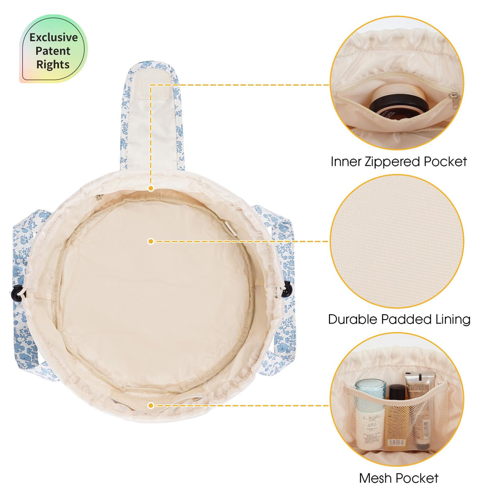 Narwey barrel makeup bag blue flower sturdy handles allow effortless carrying.