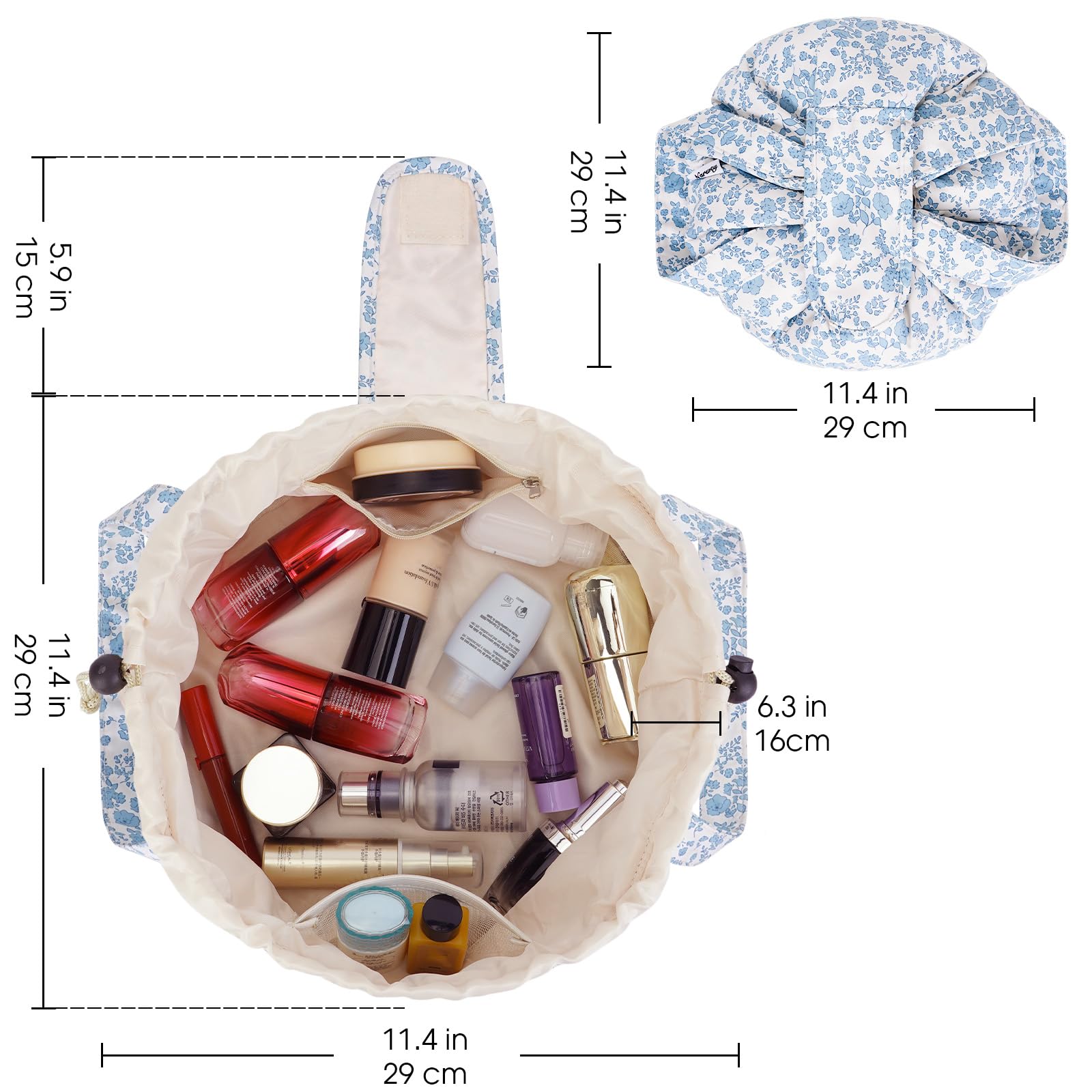 Narwey barrel makeup bag blue flower water-resistant fabric protects contents.