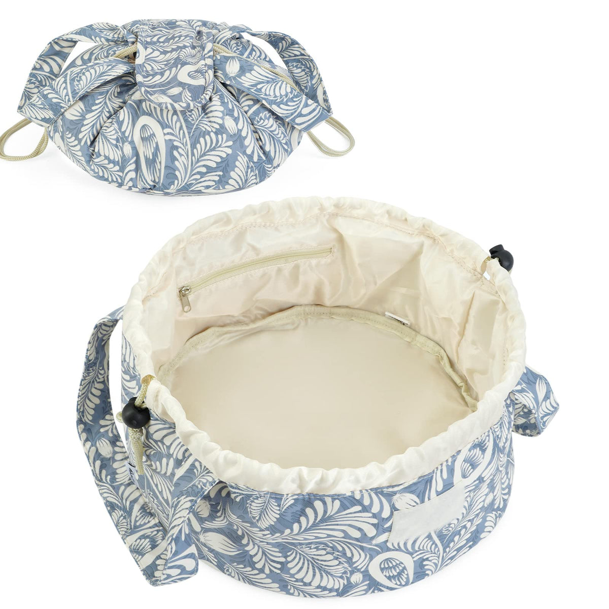 Narwey Barrel Drawstring Makeup Bag Blue Leaf closeup shows durable water-resistant fabric for travel