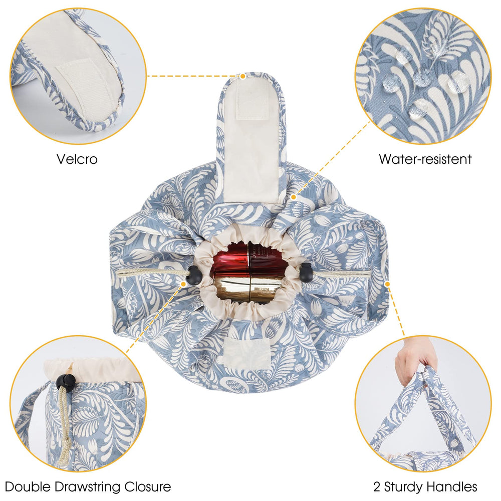 Narwey blue leaf bag being carried with two sturdy handles for easy travel