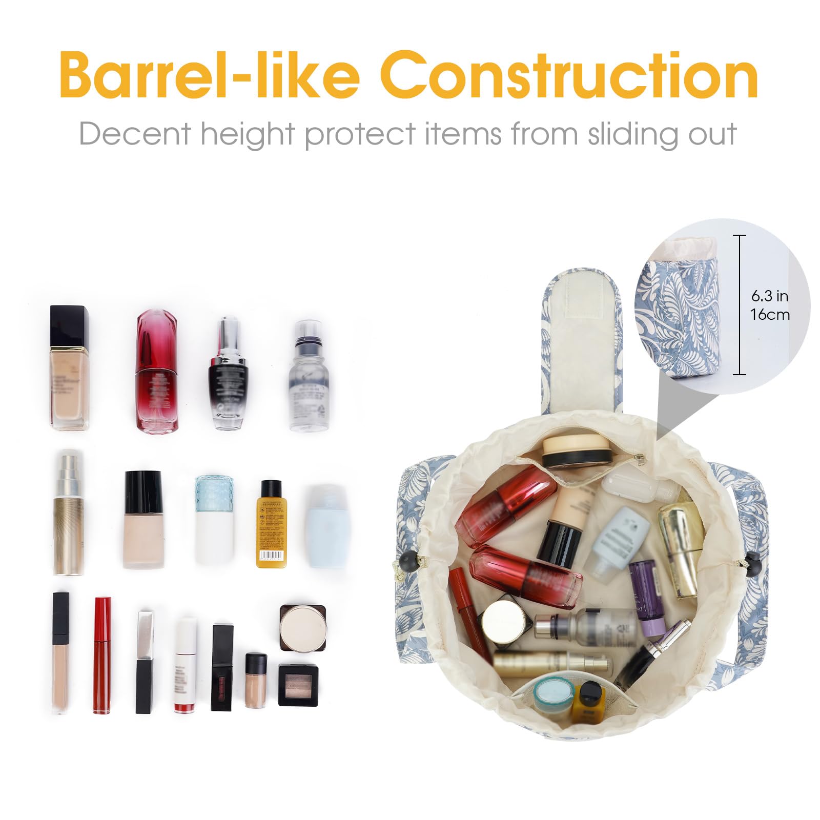 Narwey blue leaf bag opened to reveal inner pockets for quick-access makeup items