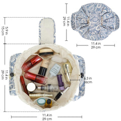 Narwey blue leaf bag opened to reveal inner pockets for quick-access makeup items
