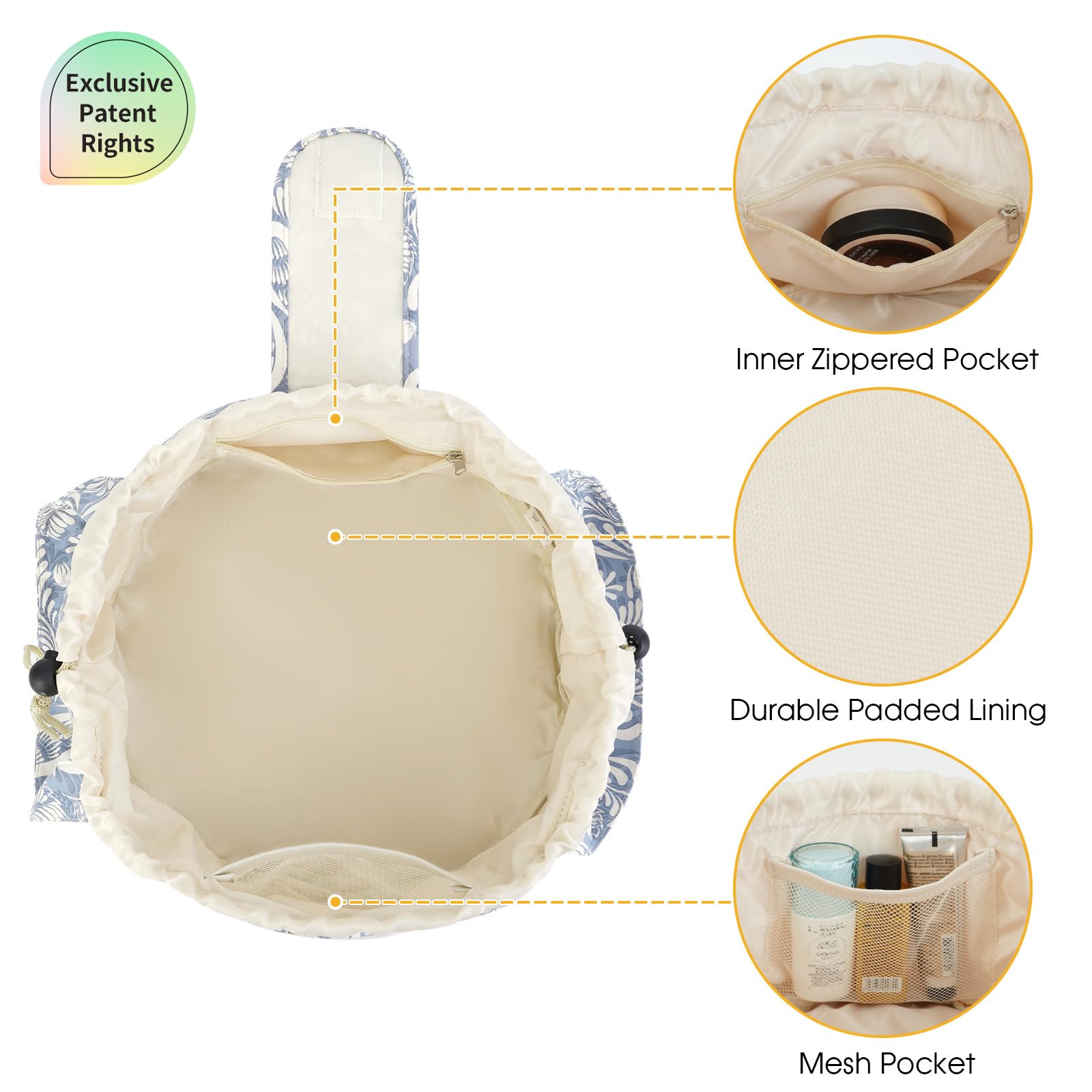 Narwey bag interior with mesh and zip pockets for organized cosmetics