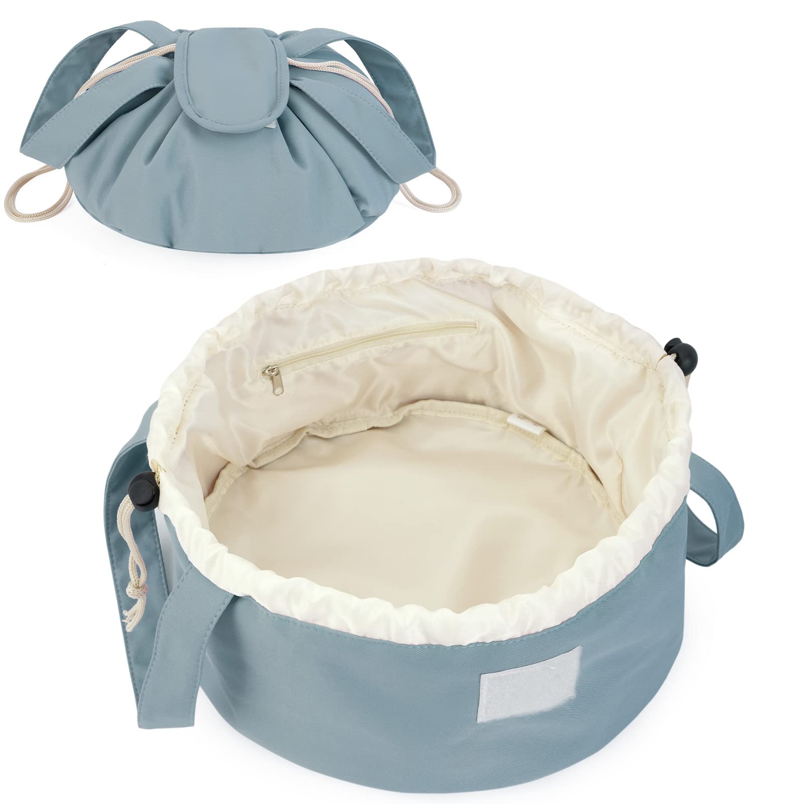 Narwey barrel drawstring makeup bag greyish blue front view compact travel organizer for cosmetics