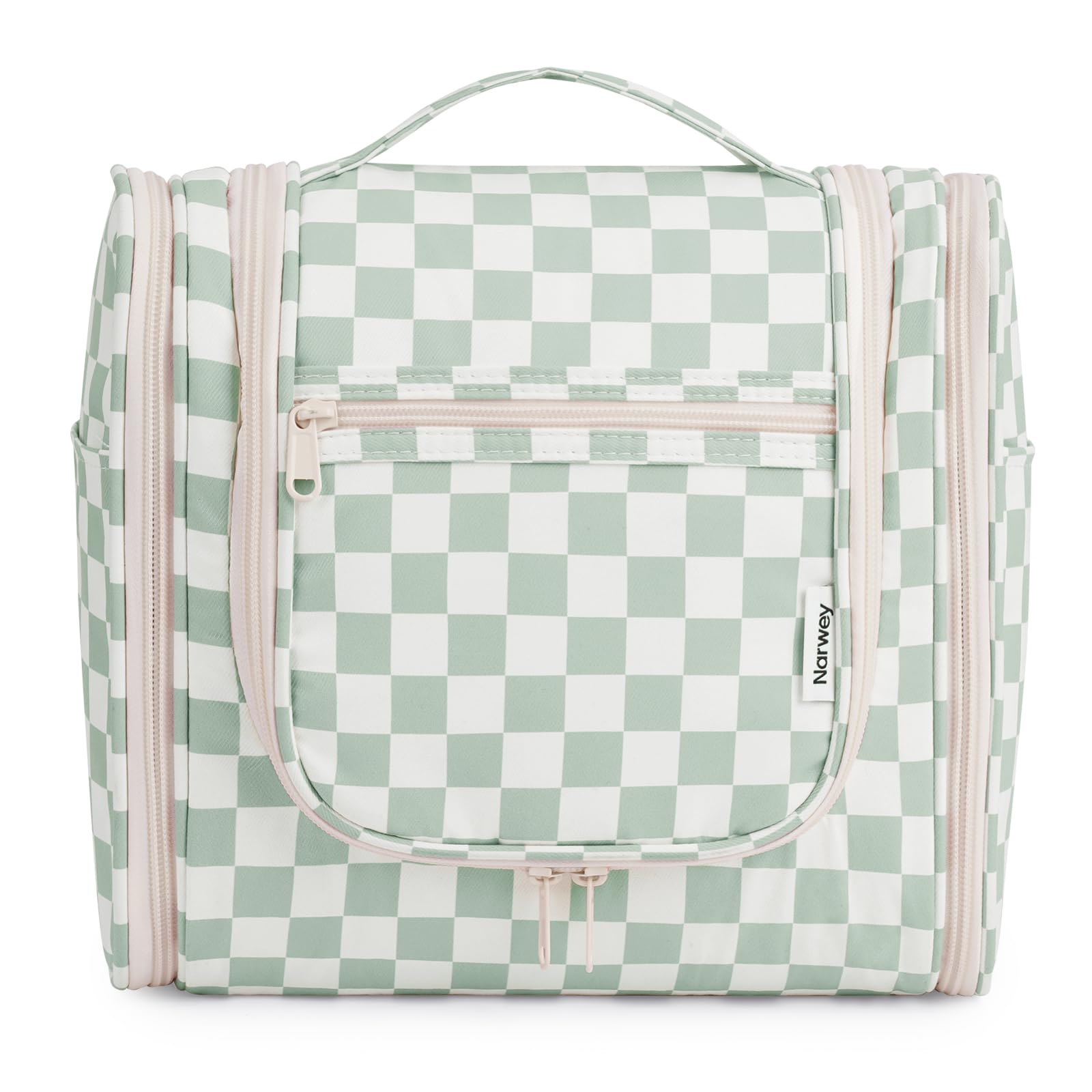 Narwey checked hanging bag front view, mint green checkerboard, easy access to toiletries while traveling
