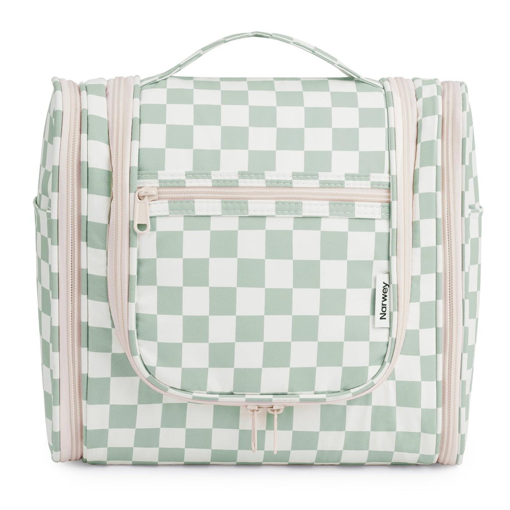 Narwey checked hanging bag front view, mint green checkerboard, easy access to toiletries while traveling