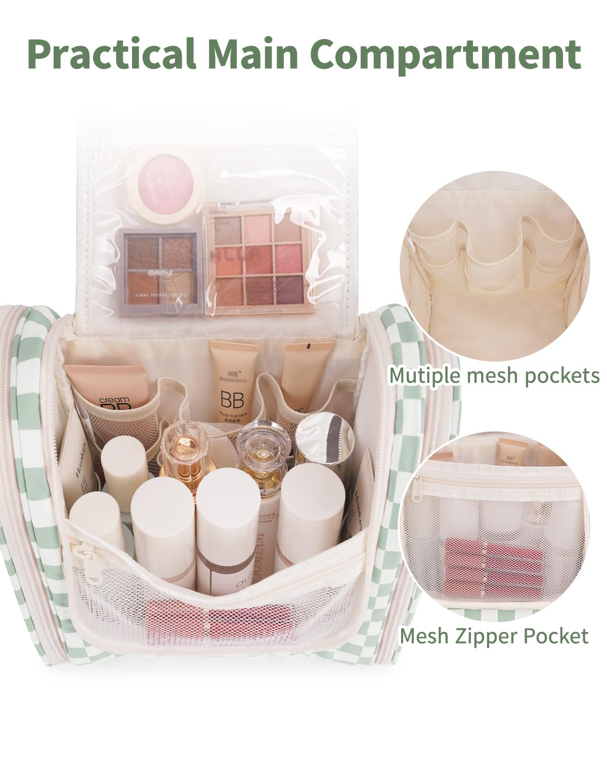 Narwey mint-green interior with mesh pockets for makeup and skincare organization