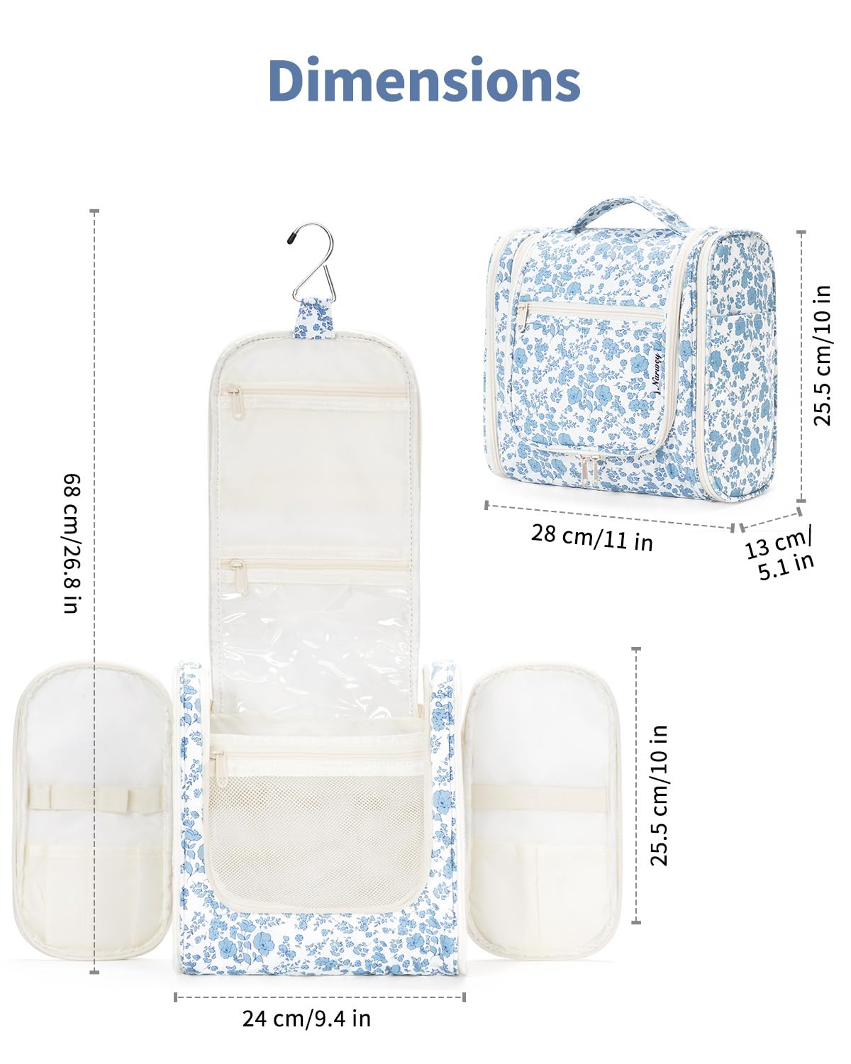Narwey bag includes eight mesh pockets and zipper compartments for cosmetics