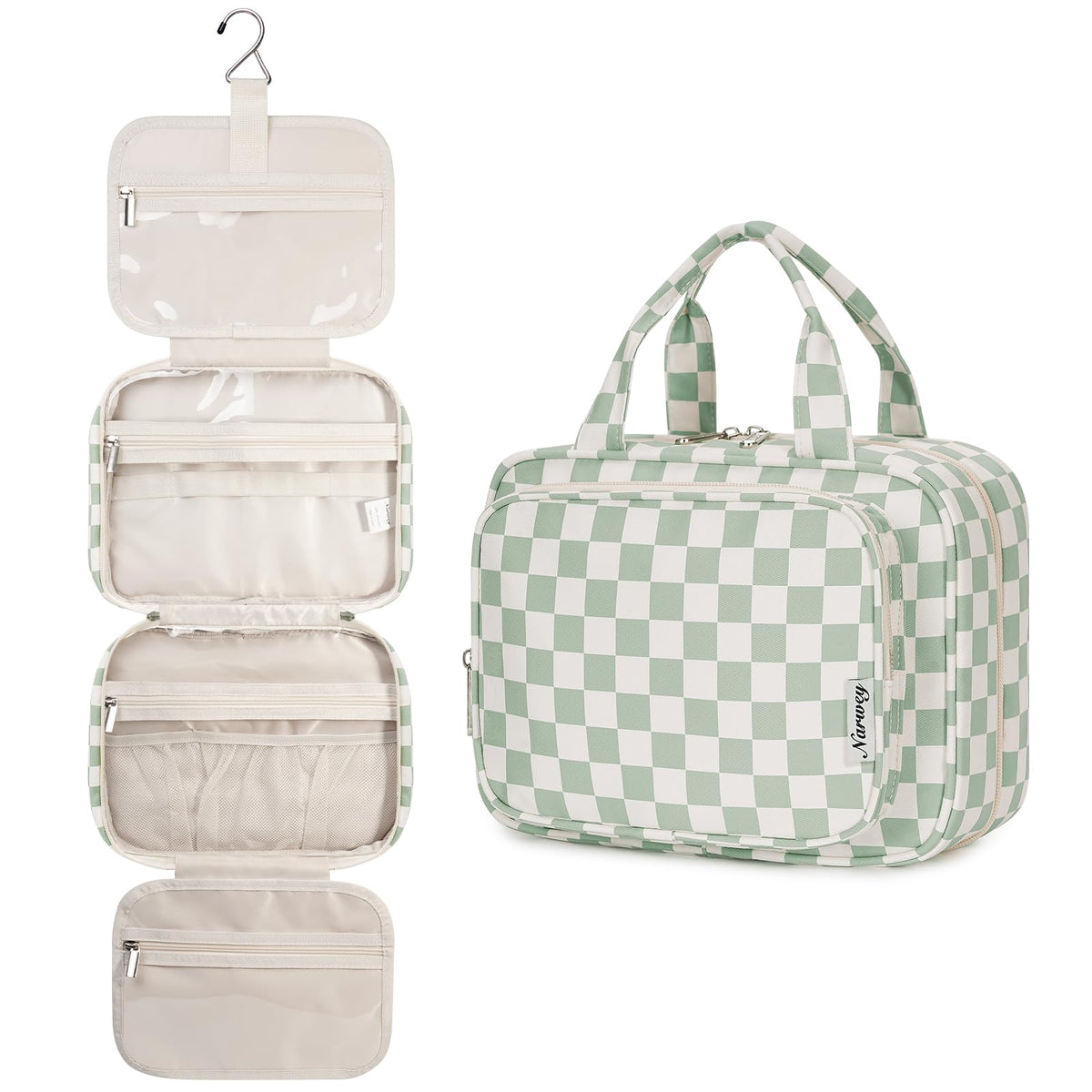 Narwey hanging toiletry bag in mint green checkerboard for organized travel storage.