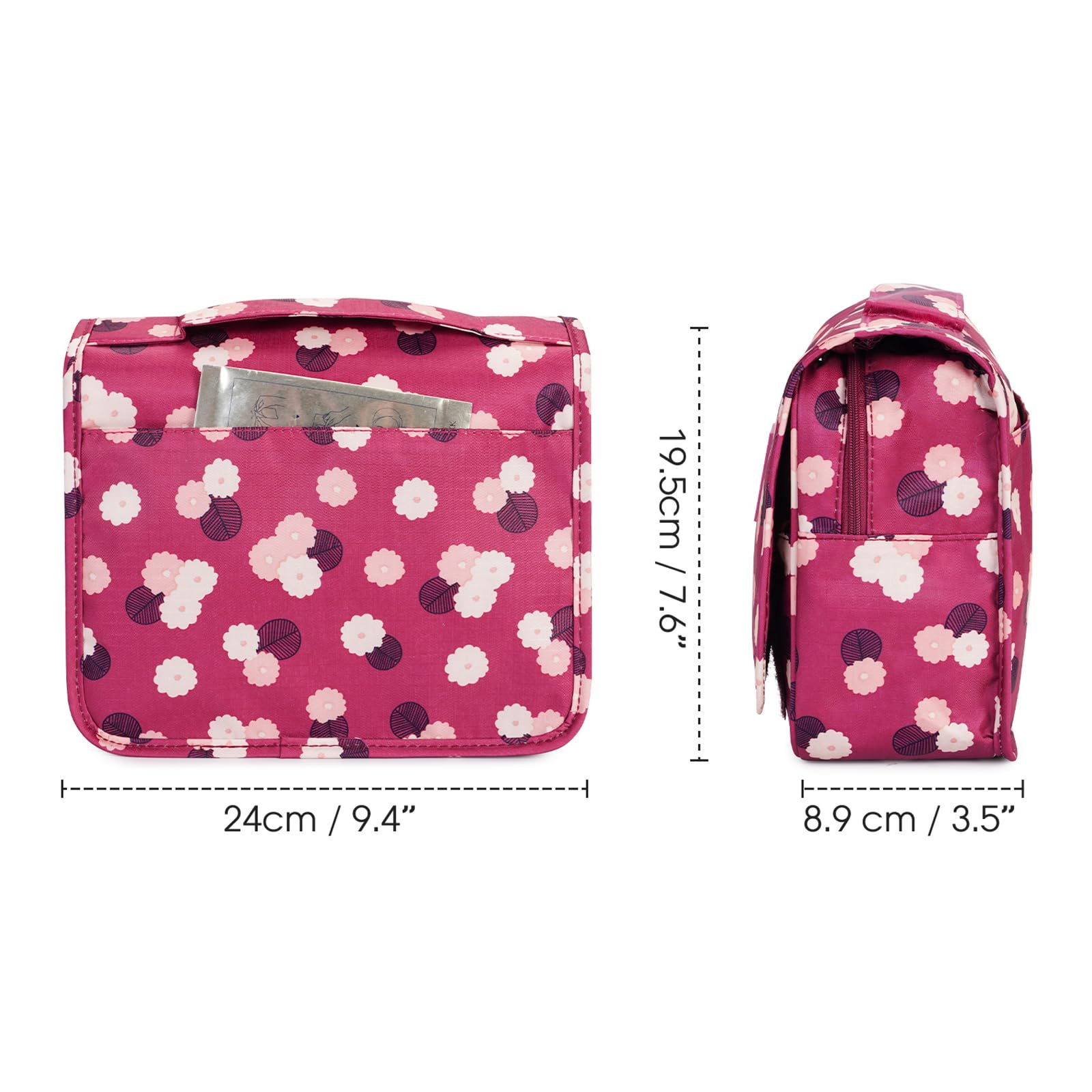 Narwey hanging toiletry bag red flower open compartments show sections for cosmetics and skincare
