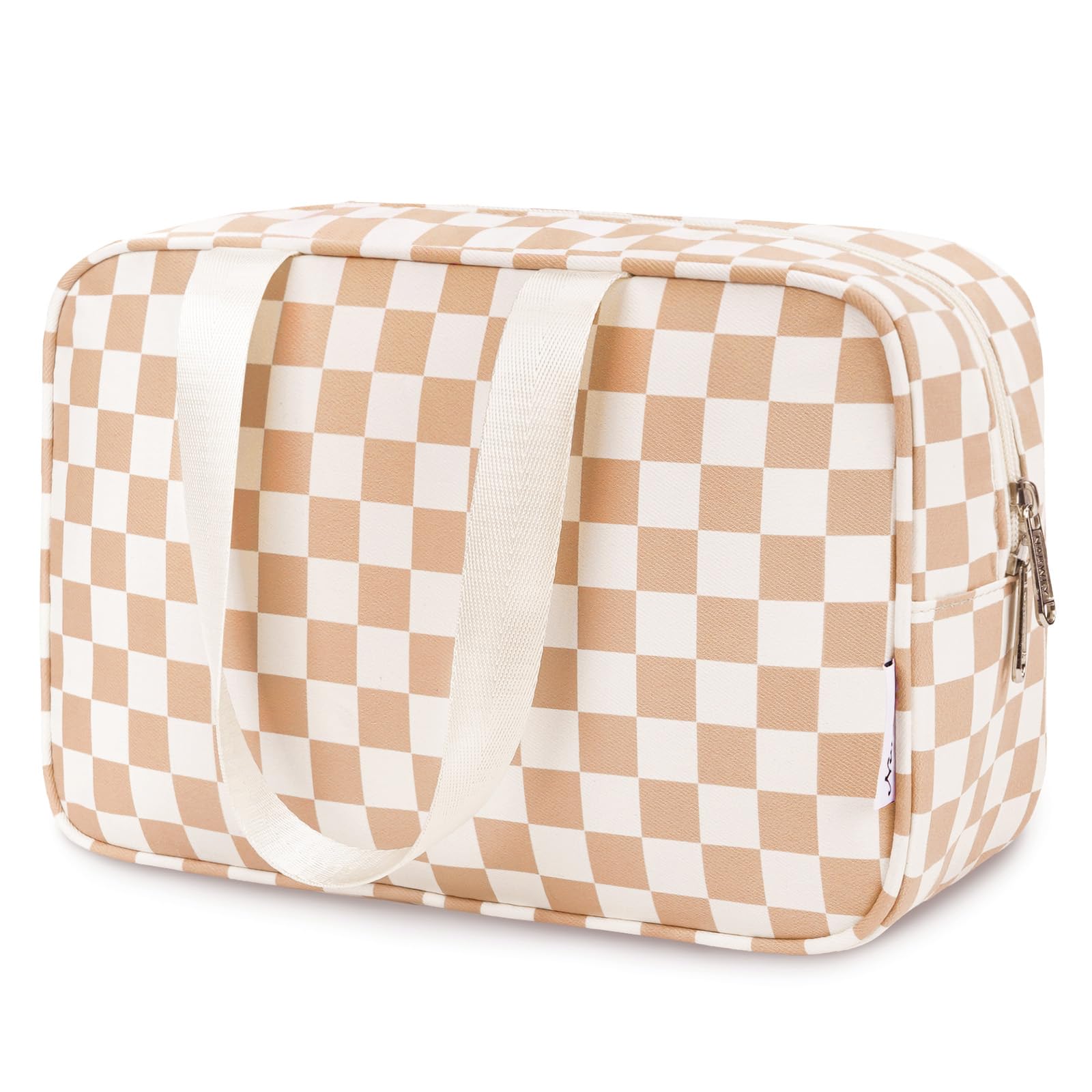 Narwey large checkered bag opened showing roomy main compartment for toiletries.