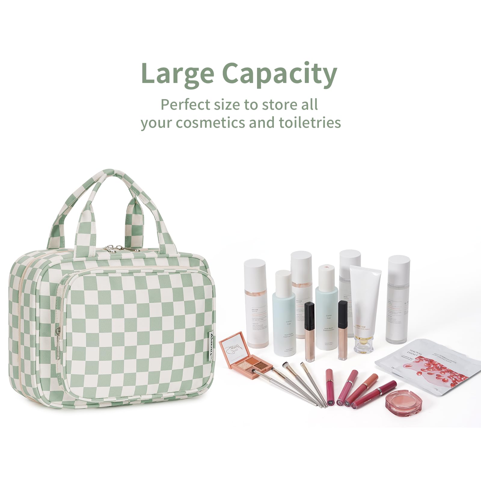Narwey mint-green checkerboard style adds stylish storage for trips.