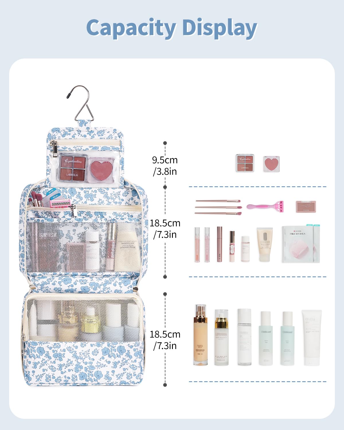 Narwey bag with multiple compartments neatly organizes skincare, makeup, and toothbrushes