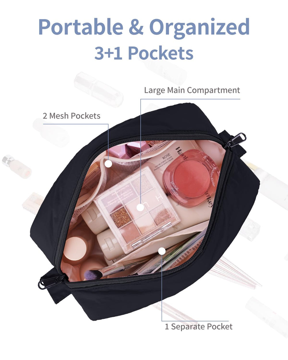 Narwey Puffy makeup bag compact travel size boosts portability without sacrificing capacity.