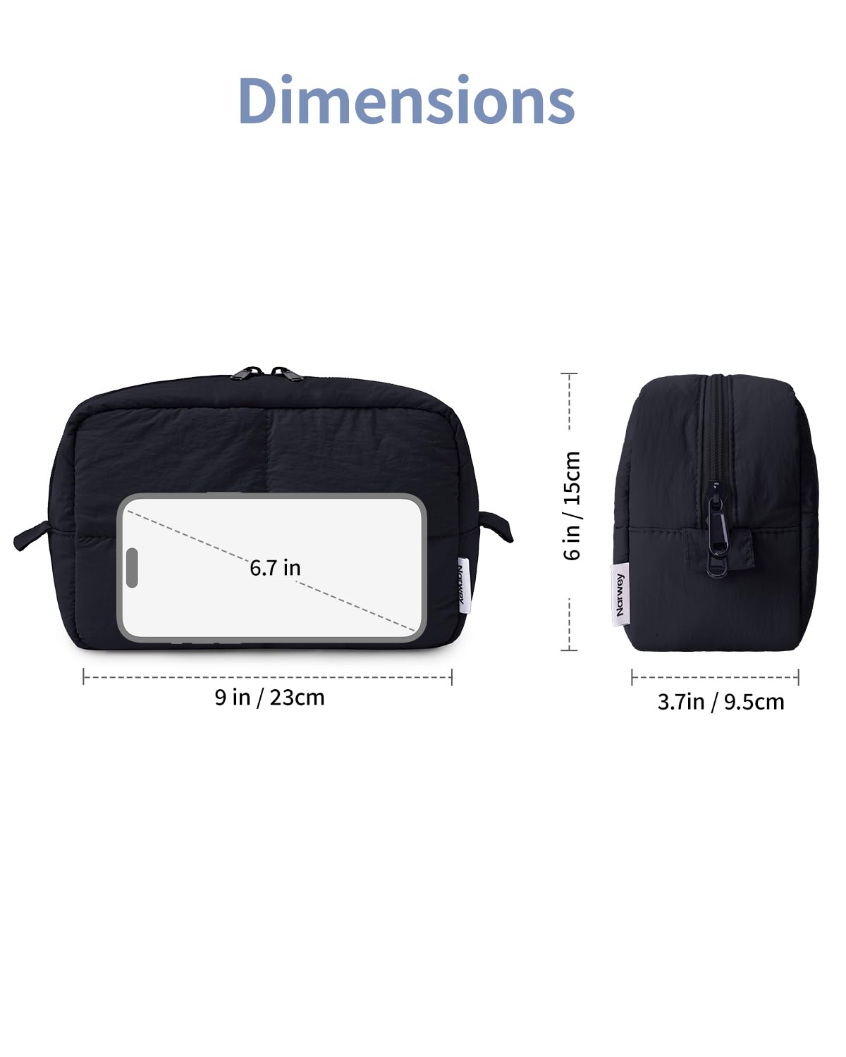 Narwey Puffy makeup bag interior mesh pockets help organize brushes and cosmetics.