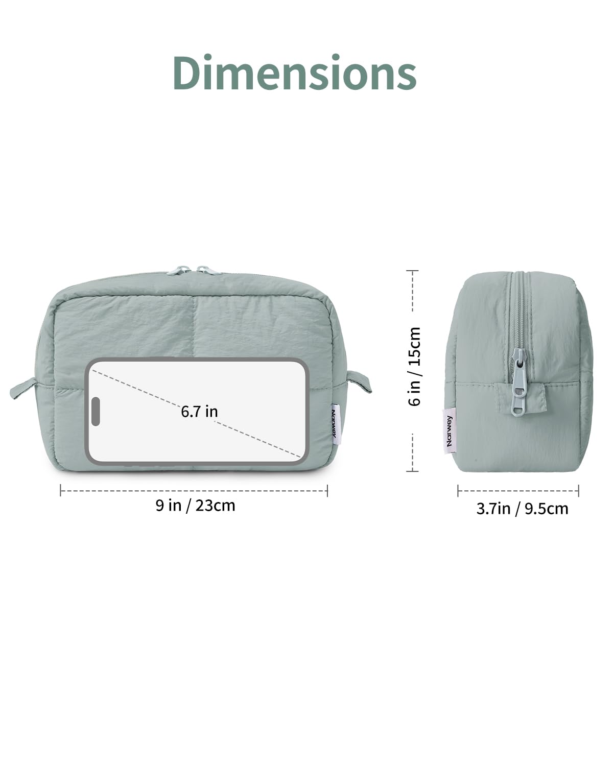 Narwey Puffy makeup bag sage green fabric texture shows soft, water-resistant nylon exterior.