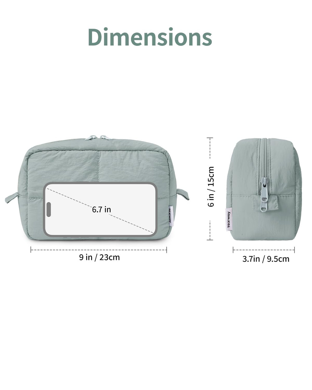 Narwey Puffy makeup bag sage green fabric texture shows soft, water-resistant nylon exterior.
