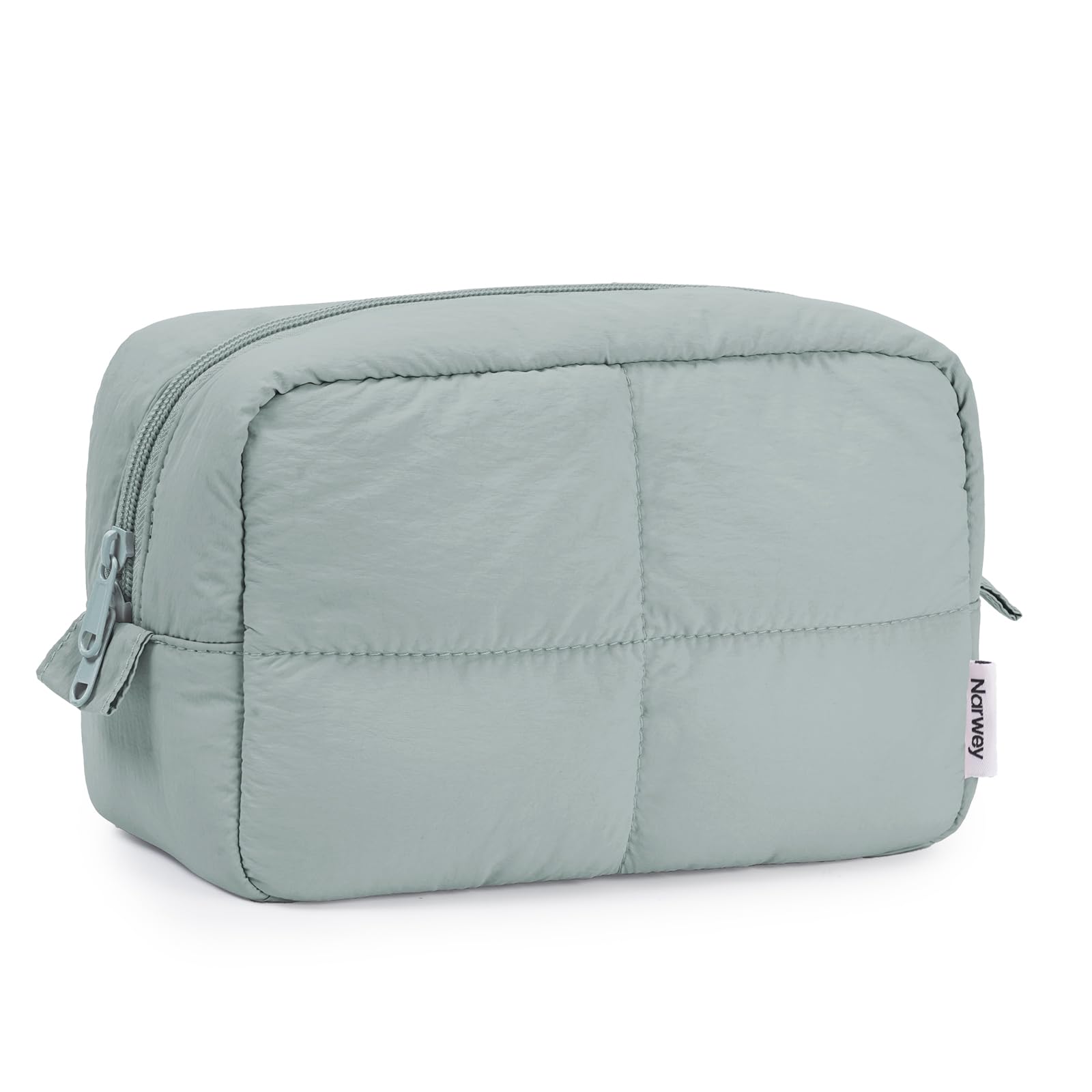 Narwey Puffy makeup bag sage green front view, compact travel companion for cosmetics.