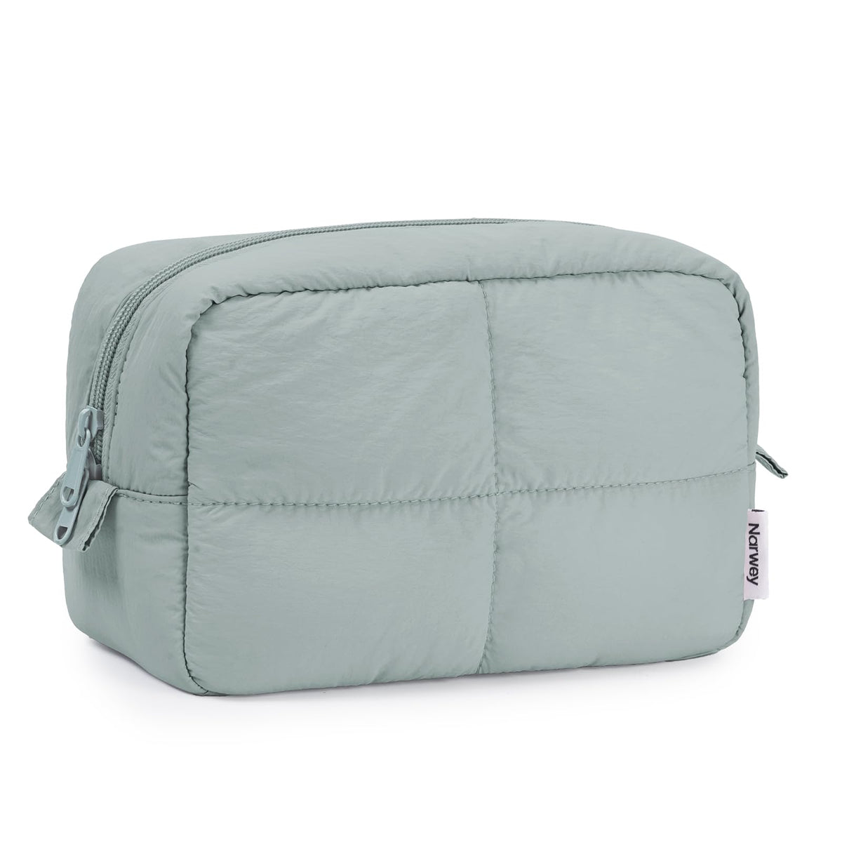 Narwey Puffy makeup bag sage green front view, compact travel companion for cosmetics.