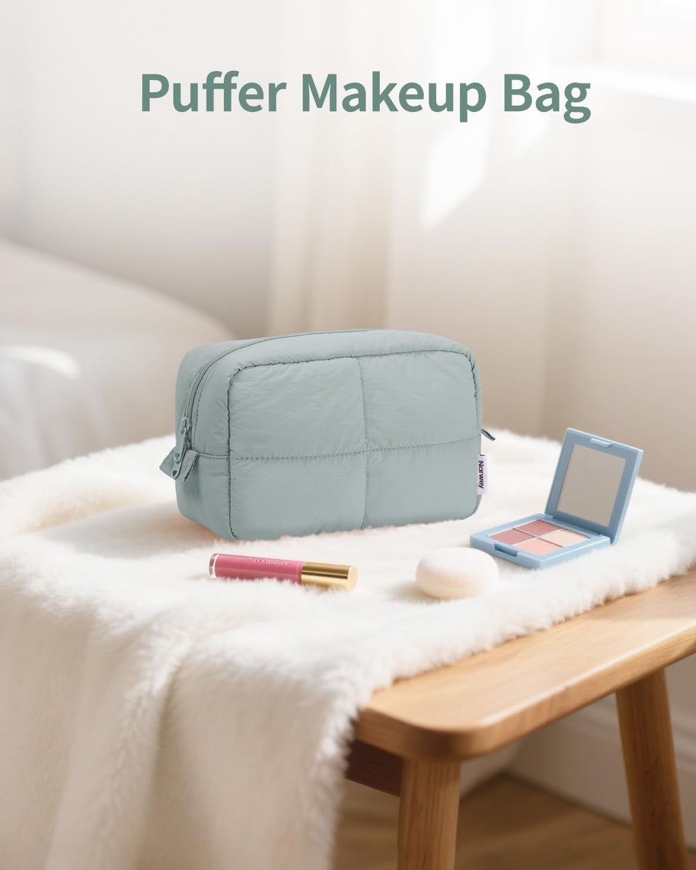 Narwey Puffy makeup bag sage green travel scene illustrating everyday organization on the go.