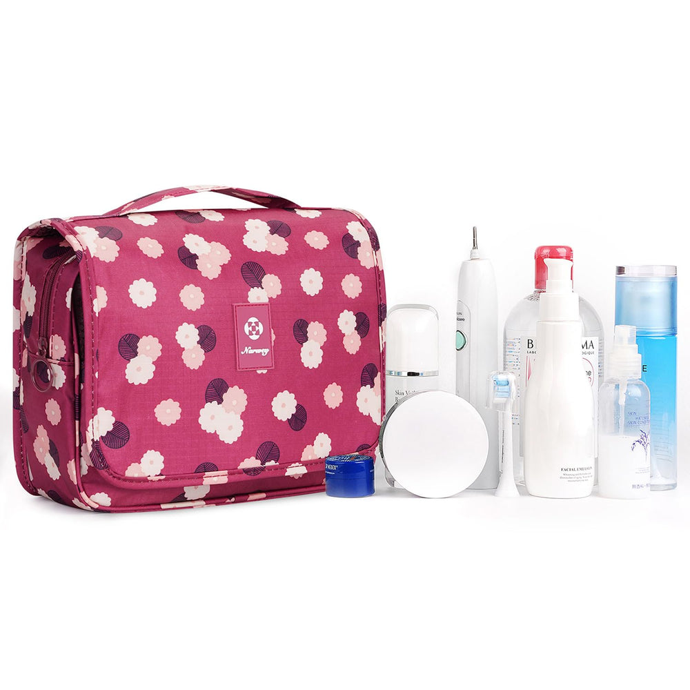 Narwey red flower bag in use on hotel shelf for versatile storage anywhere