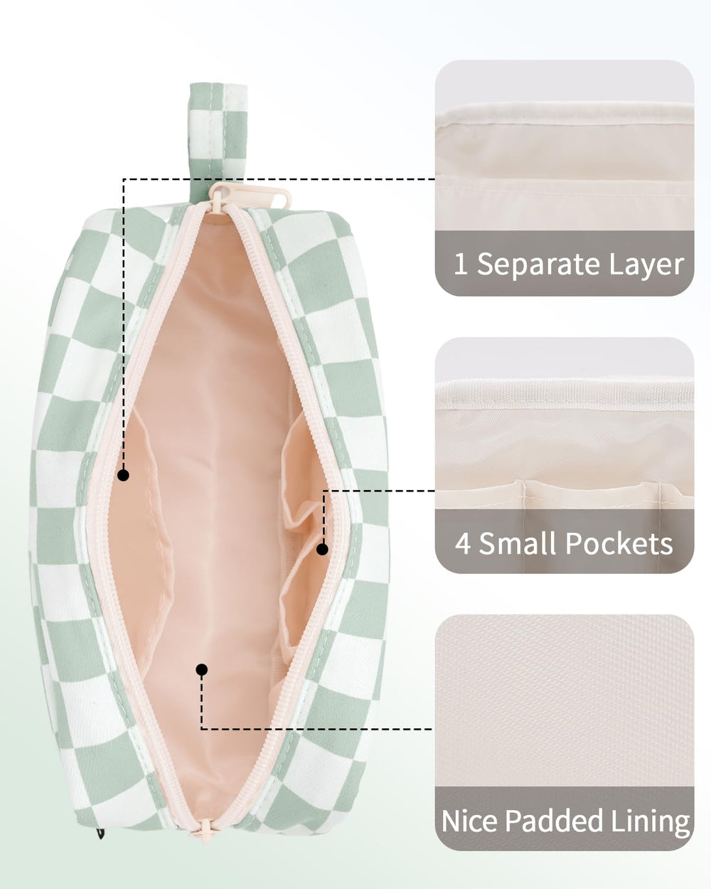 Narwey small checkered makeup bag water-resistant fabric protecting contents during travel.