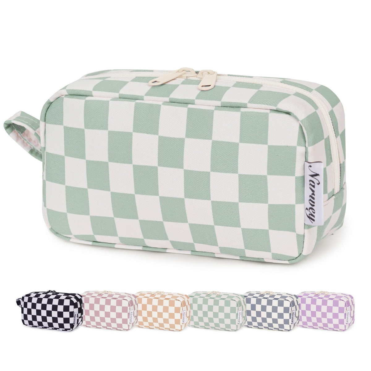 Narwey small checkered makeup bag closeup highlighting durable fabric and mint-green pattern for daily use.