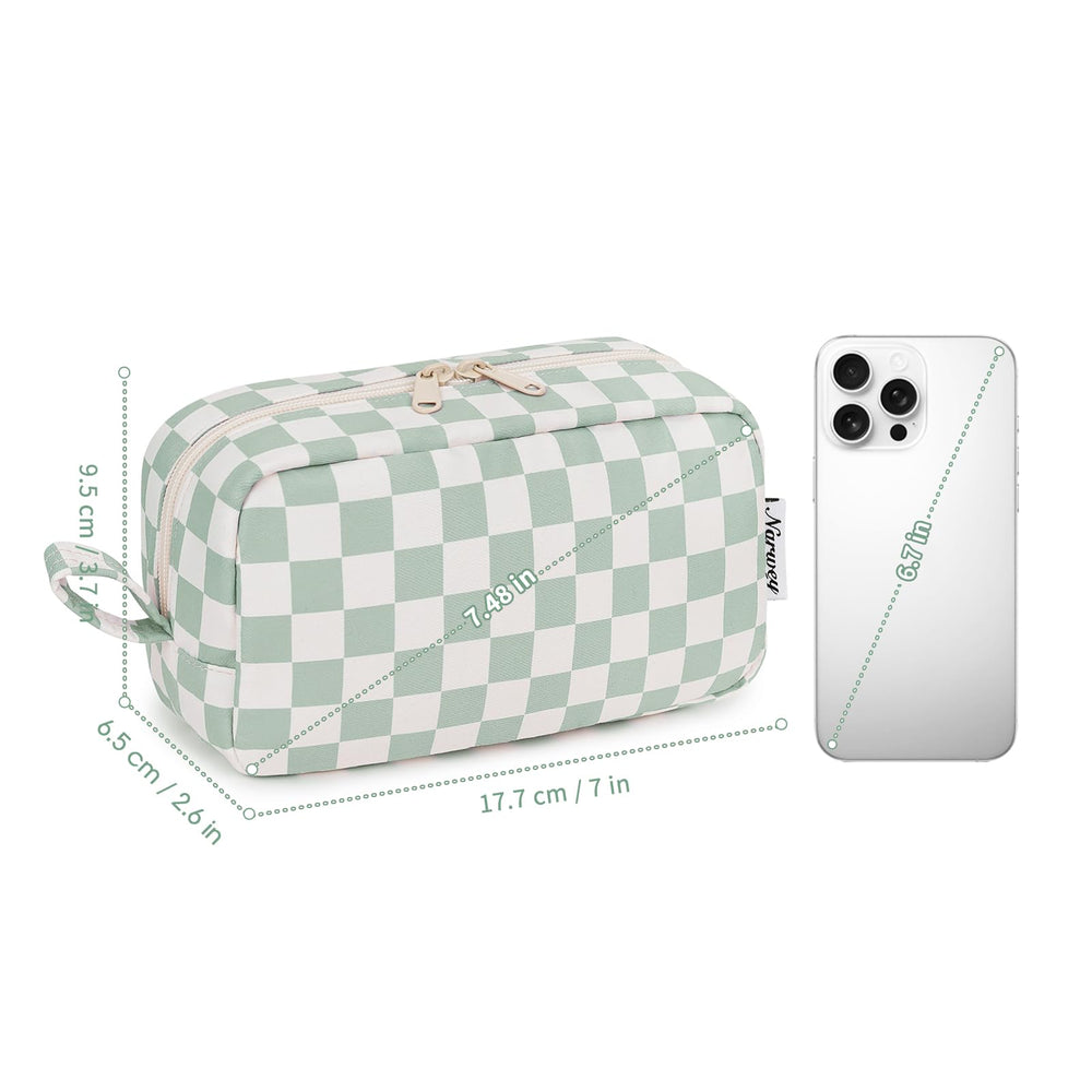 Narwey small checkered makeup bag mint-green pattern with multiple pockets for brushes and essentials.
