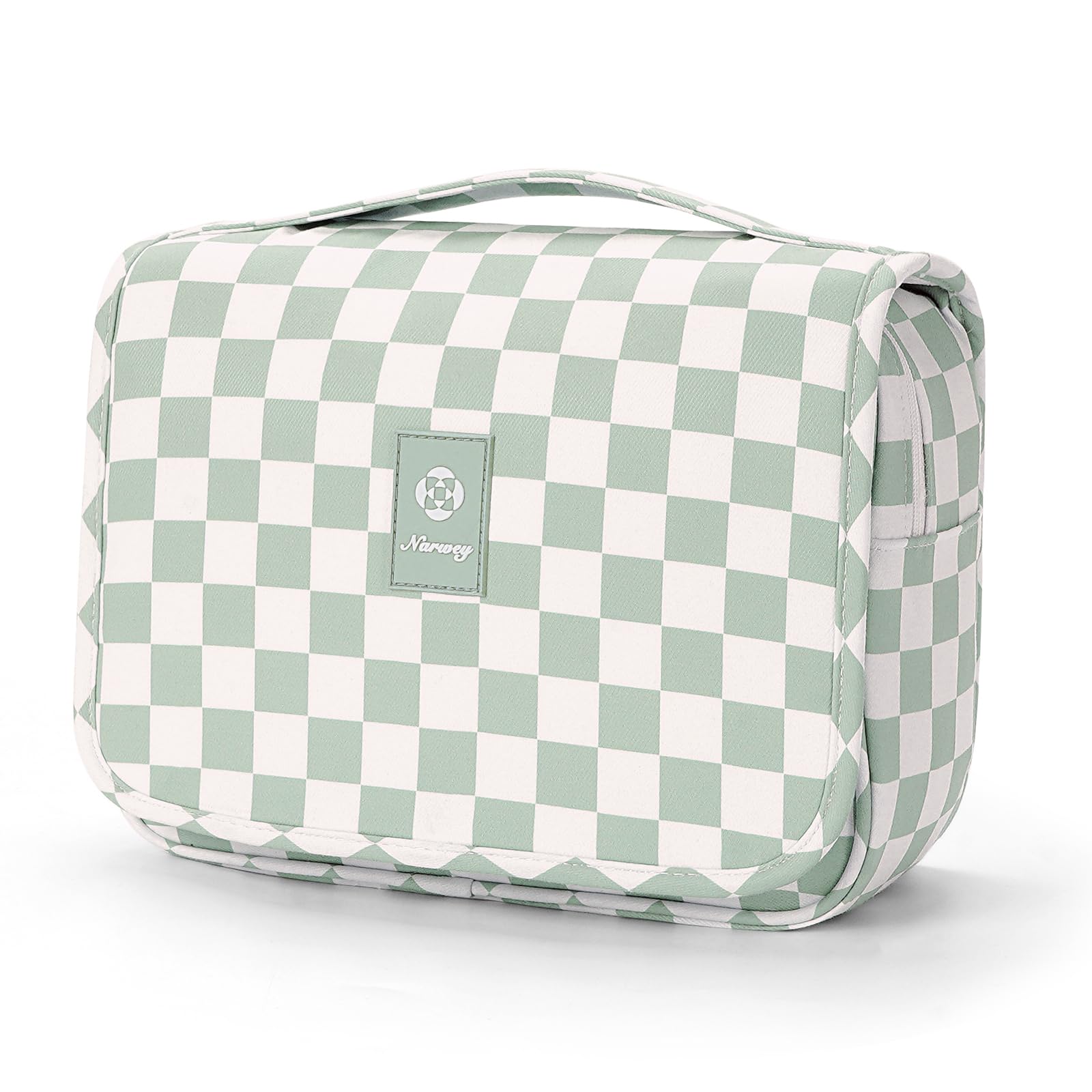 Narwey small hanging toiletry bag mint green checkered front view, compact travel-ready design.