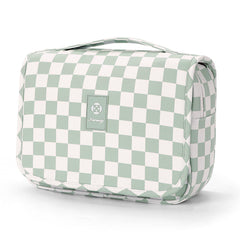 Narwey small hanging toiletry bag mint green checkered front view, compact travel-ready design.