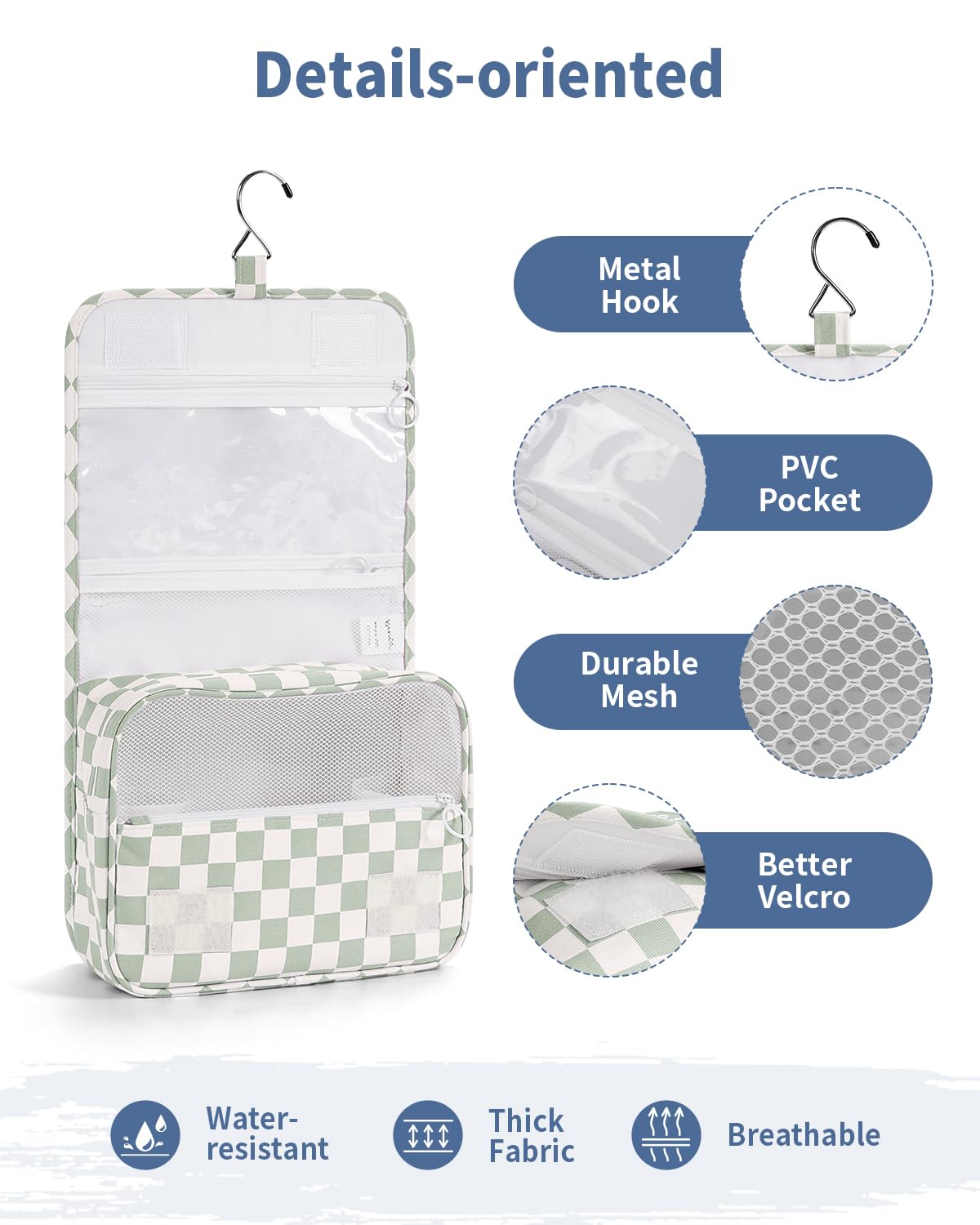 Narwey small hanging bag features metal hook for easy bathroom or hotel hanging.