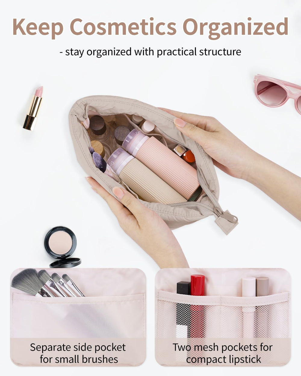 Narwey small makeup bag inner pockets demonstrating separation of skincare and makeup items.