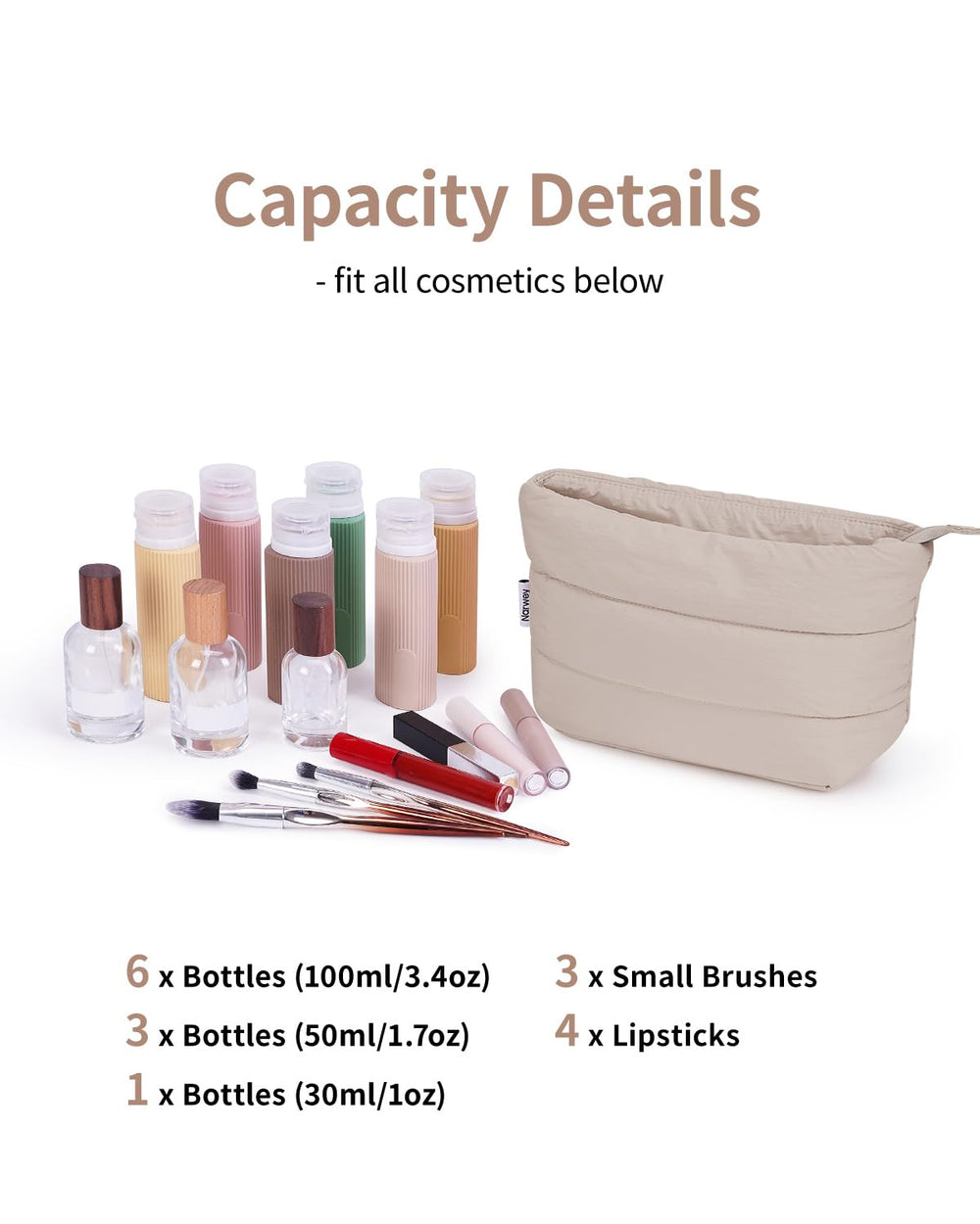 Narwey small makeup bag inside main compartment illustrating organized space for essentials.