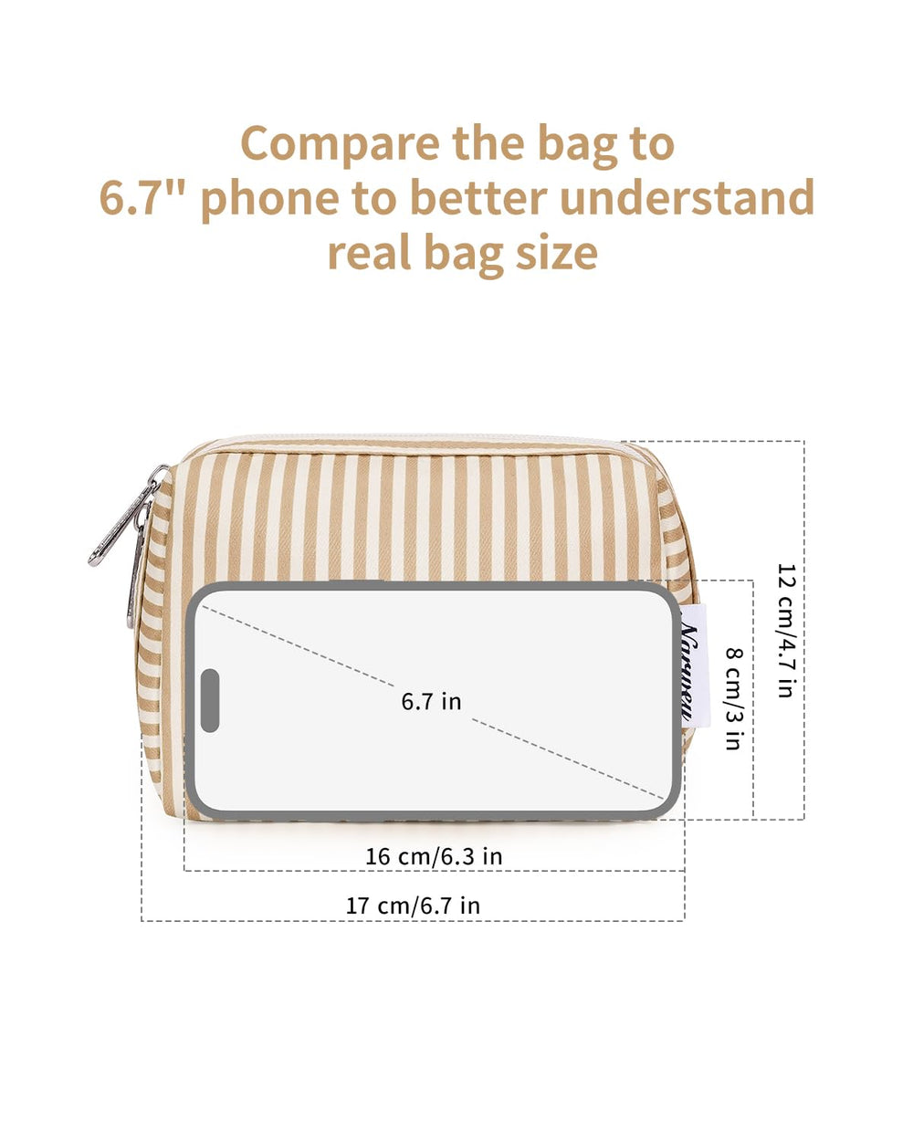 Narwey small striped makeup bag right-pocket holds travel mirror or brushes securely.