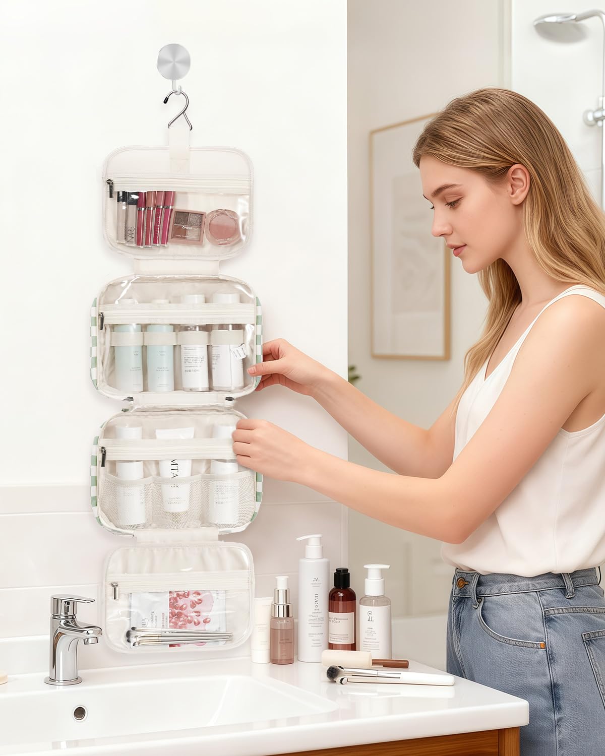 Narwey toiletry bag interior compartments keeping cosmetics upright for quick access.
