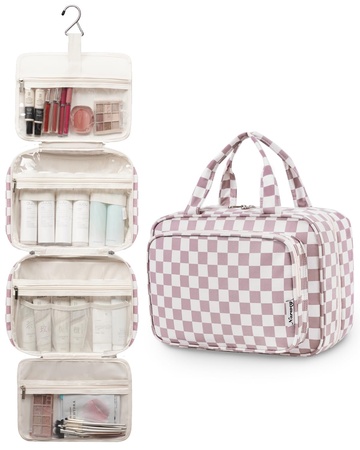 Narwey travel toiletry bag large durable fabric and smooth lining in checkerboard design