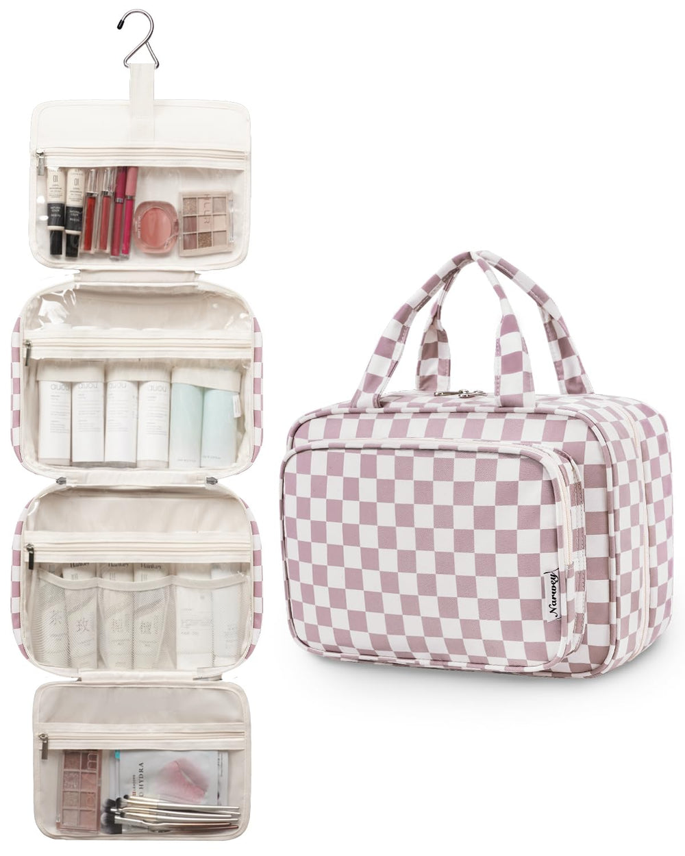 Narwey travel toiletry bag large durable fabric and smooth lining in checkerboard design