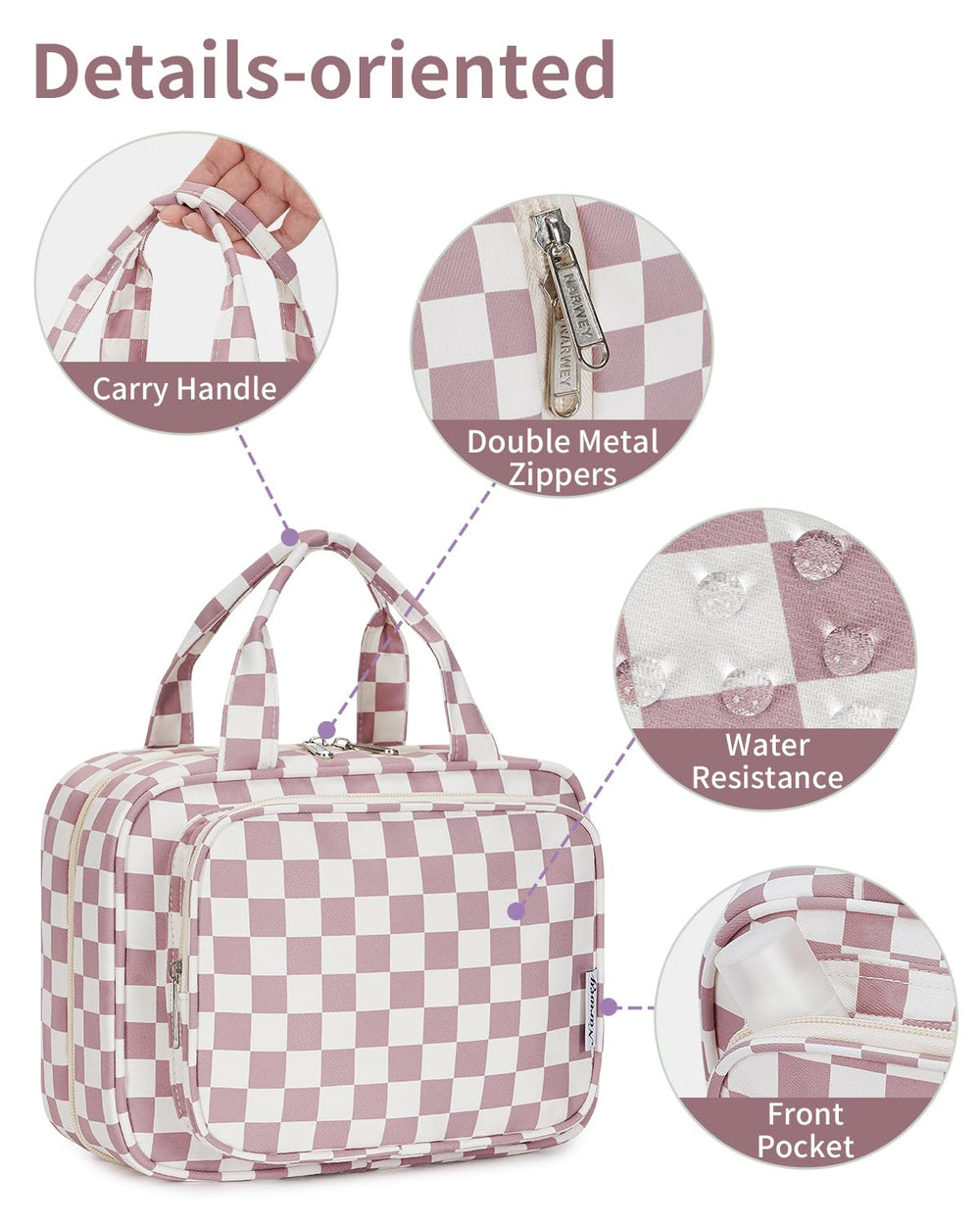 Narwey travel toiletry bag large zippers providing secure closure and smooth access