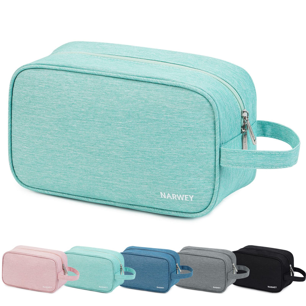 Narwey travel toiletry bag mint green front view showcases spacious main compartment.