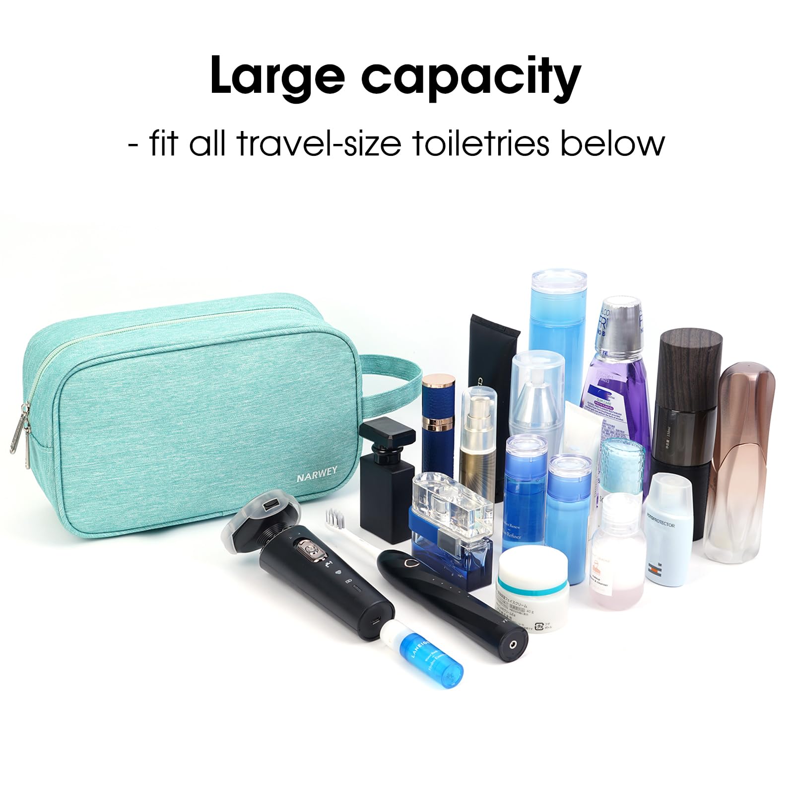 Narwey main compartment holds large bottles and brushes neatly.