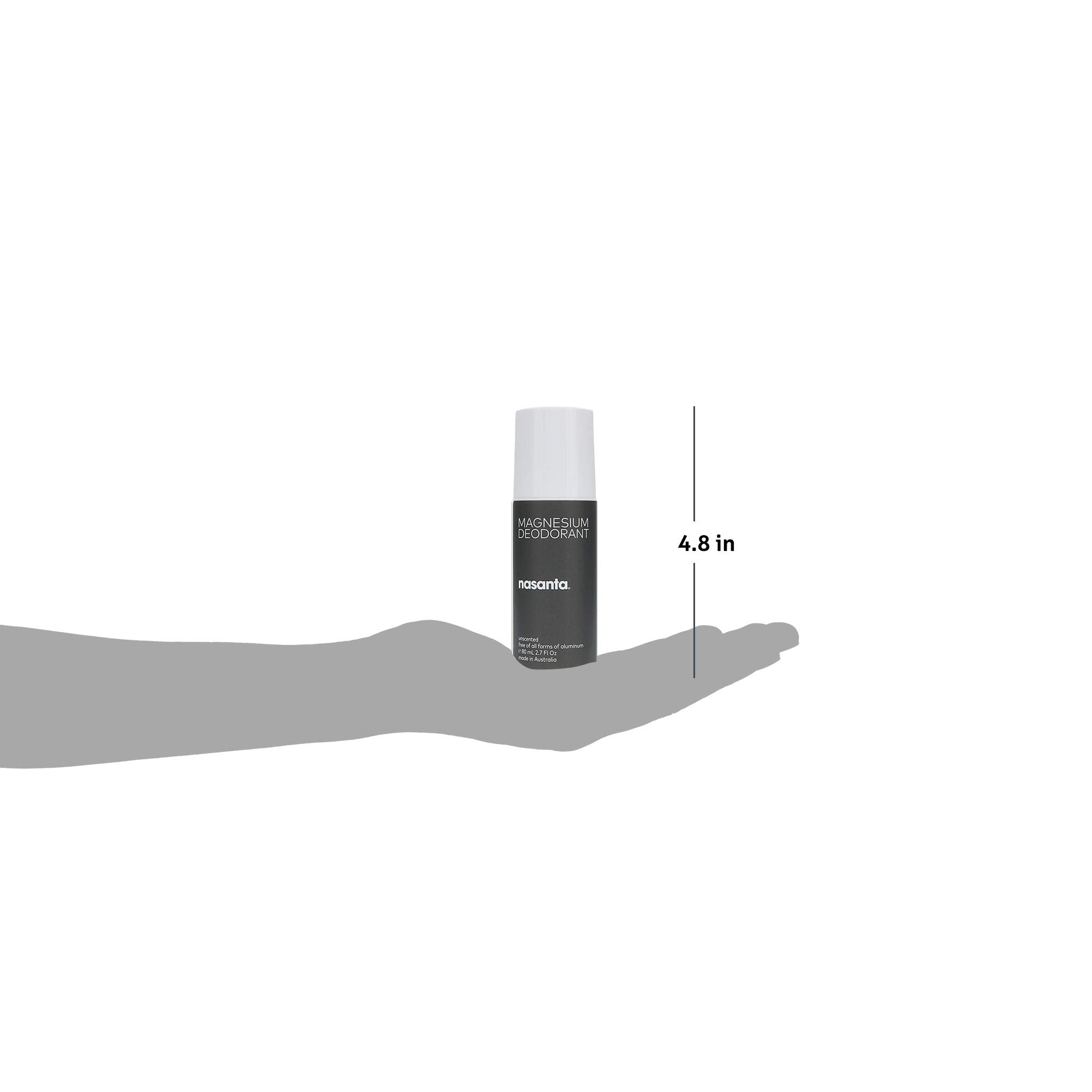 nasanta magnesium deodorant 80ml roll-on size suitable for daily travel.