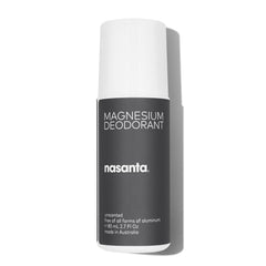 nasanta magnesium deodorant roll-on bottle front, unscented protection for sensitive skin.