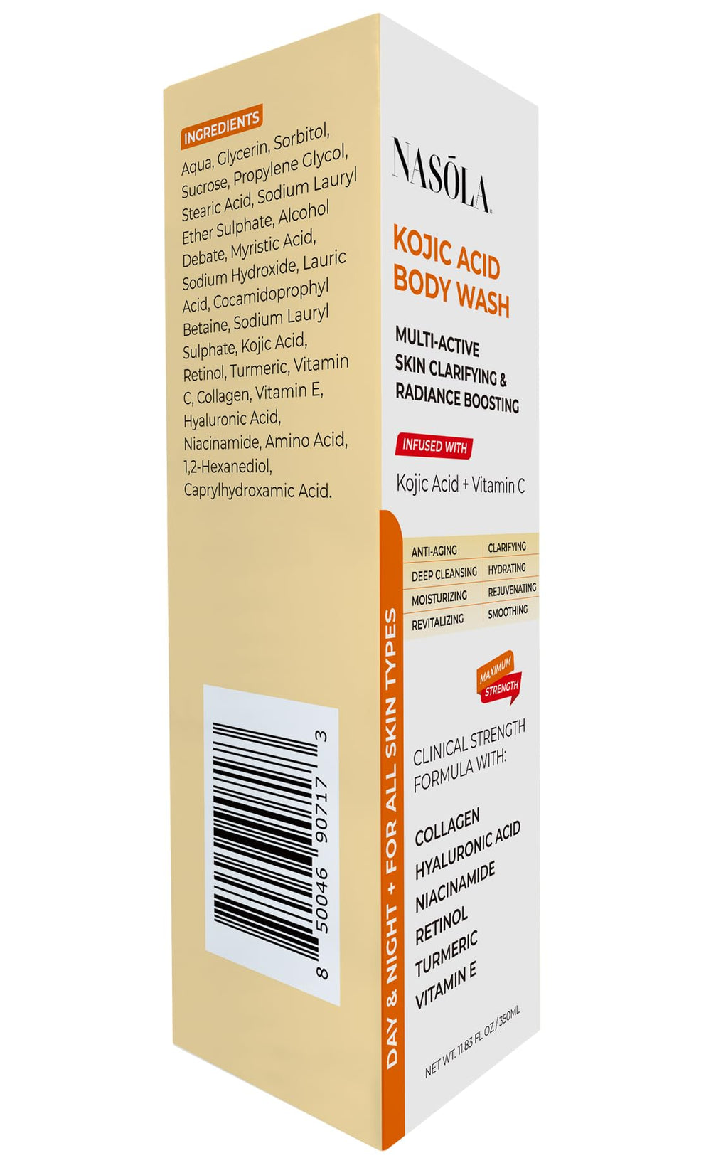 Nasola Kojic Acid Body Wash 11.8oz-bottle captures premium packaging and travel-friendly size.